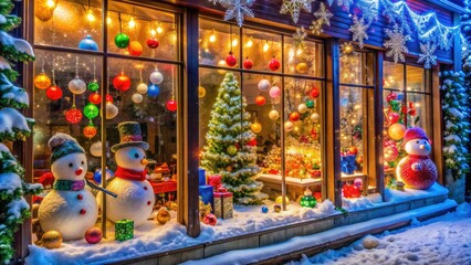 Naklejka premium Vibrant winter wonderland scene unfolds in a storefront window, featuring snowflakes, snowmen, and colorful lights, inviting passersby to step into a magical holiday atmosphere.