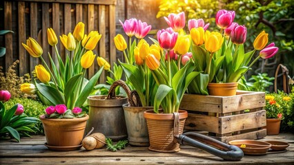 Vibrant yellow and pink tulips blooming amidst lush greenery, surrounded by gardening tools and rustic wooden planters, evoke a sense of fresh spring renewal.