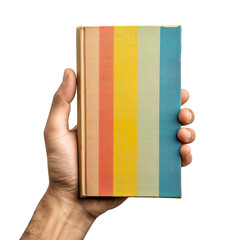 Male hand holding a book with a colourful cover Isolated on transparent background. Studio shot