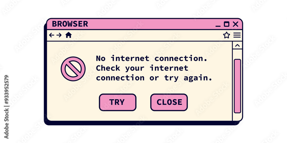 Poster no internet connection window in retro style. browser warning message in pink color.