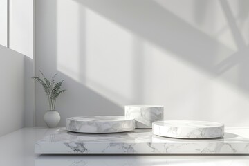 Fototapeta premium 3d rendering geometric forms. Blank podium display in white marble color. Minimalist pedestal or showcase scene for present product and mock up.