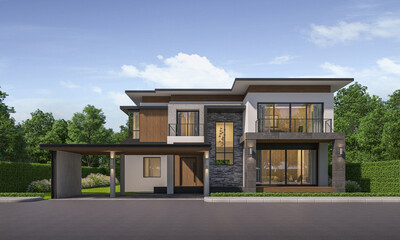 Modern house exterior day light with lawn grass.3d rendering