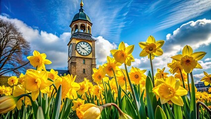 Vibrant yellow daffodils and blooming flowers surround a clock tower, symbolizing the arrival of spring and the start of daylight savings time.