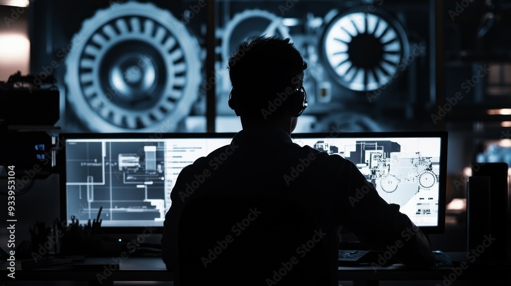 Poster Silhouette of a Man Working on a Computer in Front of a Large Machine