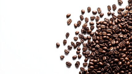 Freshly roasted coffee beans scattered on a clean white surface