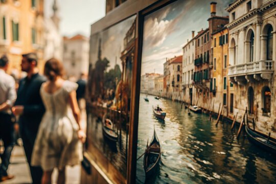 painted picture of the landscape of the city, against the background of this city, river, canal and boats, gandolas and people passing by, passers-by