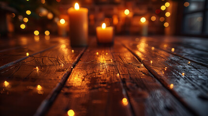 Wooden flooring adorned with festive Christmas lights, creating a warm ambiance behind a table