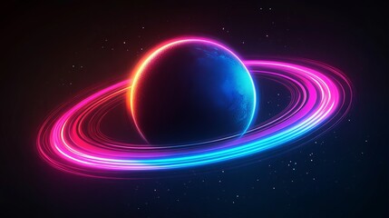 Obraz premium Vibrant planet with glowing rings set against a dark cosmic background