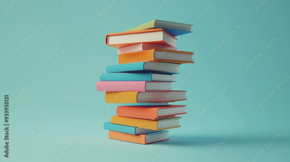 Poster A Stack of Colorful Books on a Blue Background