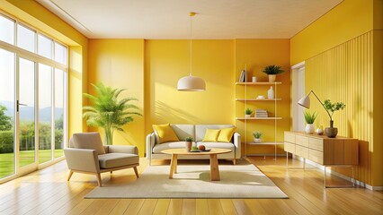 Vibrant yellow walls and furniture contrast with soft pastel accents in a bright, minimalist room filled with natural light and airy negative space.