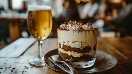 Close-up of a tiramisu on a wooden table in a restaurant with a glass of beer.
