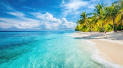 Fototapeta premium Pristine Tropical Shoreline with Palm Trees and Aqua Water