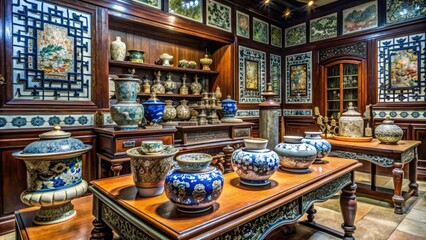 Naklejka premium Vintage artifacts, antique silverware, and ornate furnishings on display at a museum exhibiting traditional Taiwanese tiles, showcasing the country's rich cultural heritage and history.