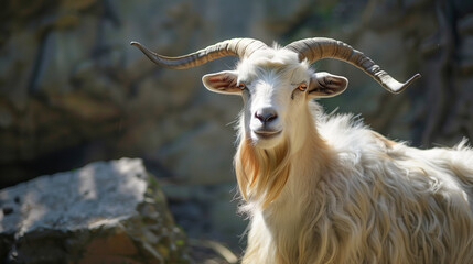 Obraz premium A beautiful goat with long horns, light fur, and an expressive gaze stands against a rocky landscape under bright sunlight