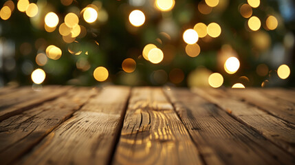 A table , raw wood , background with Christmas tree light ball