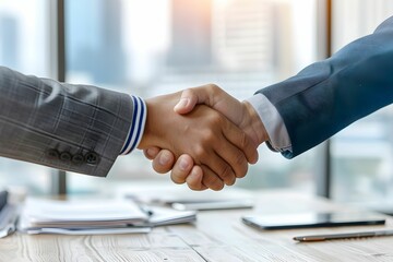 Investor and Real Estate Shaking Hands, background table, files