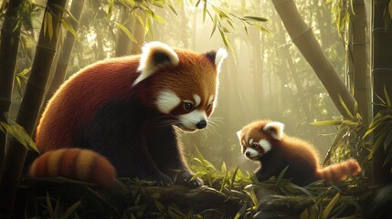 Obraz premium Red Panda Family in a Misty Bamboo Forest