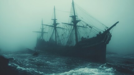 Fototapeta premium A Silhouette of a Ship in a Foggy Sea