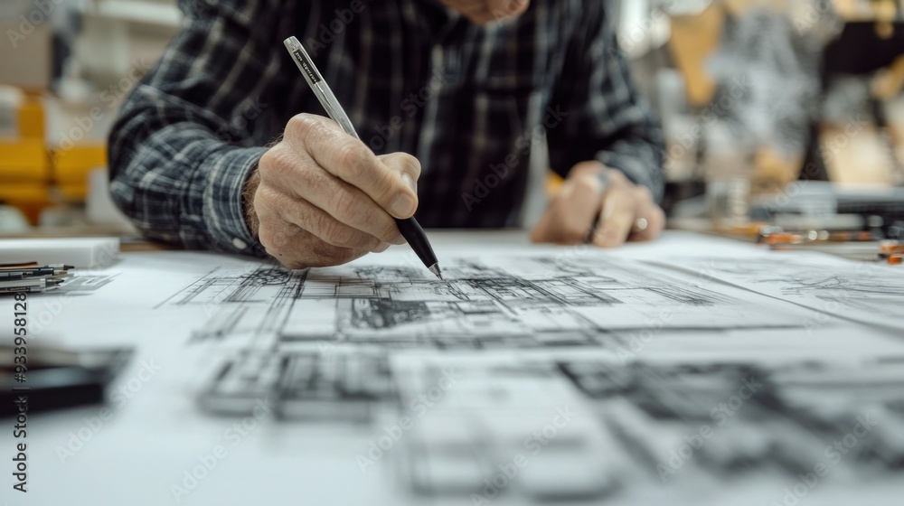 Poster Close-up of a hand drawing on a blueprint with a pen