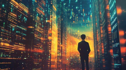 A Man Standing in a Digital Cityscape