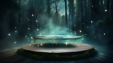 Product display background. Floating transparent empty platform amidst a mystical forest with sparkling fireflies