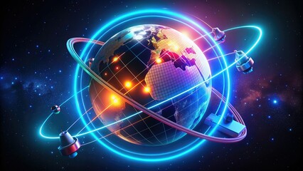 Obraz premium Vintage-inspired futuristic emblem featuring a stylized, neon-lit globe surrounded by orbiting satellites and sleek, curved lines, evoking nostalgia and cutting-edge technology.