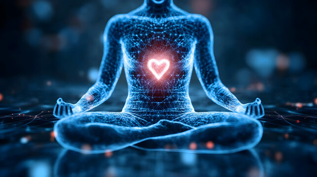 Meditation and Focus, relaxation to restore the body and mind, frequency waves enveloping the head in a calming aura.