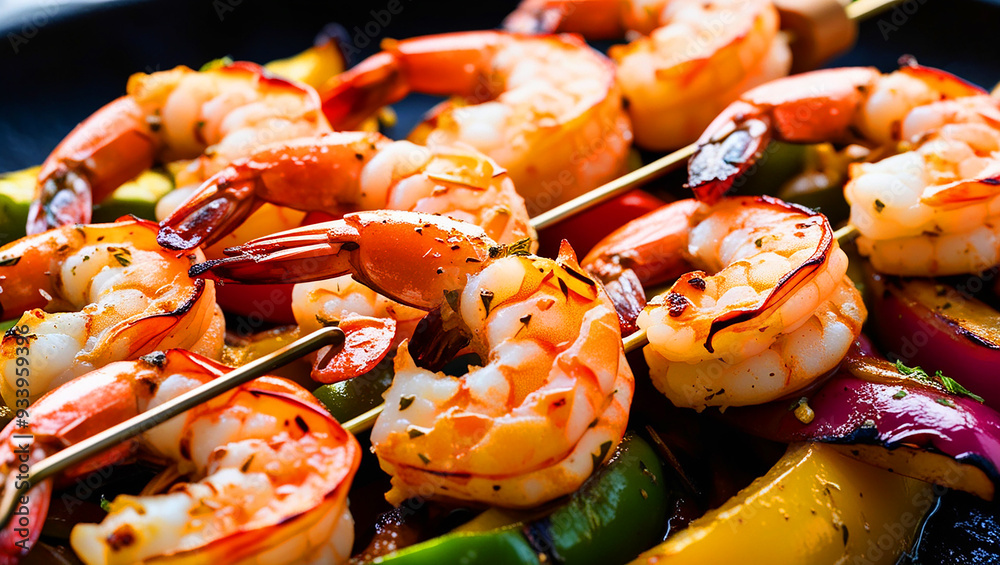 Poster a close-up of grilled shrimp on a skewer