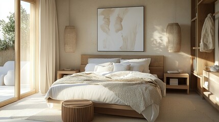 Home mockup, simple cozy Coastal bedroom interior background, 3d render