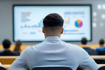 Person or man back, watching an interactive screen displaying charts and graphs during presentation in financial seminar, studying knowledge and skills in investment concept.