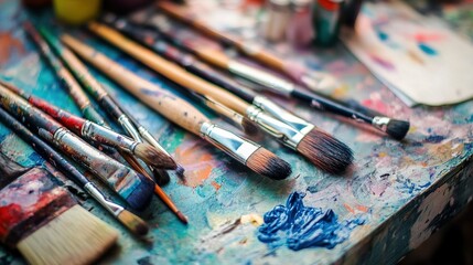 Fototapeta premium A colorful artist's workspace filled with paint splatters and various brushes arranged on a wooden table during the afternoon light
