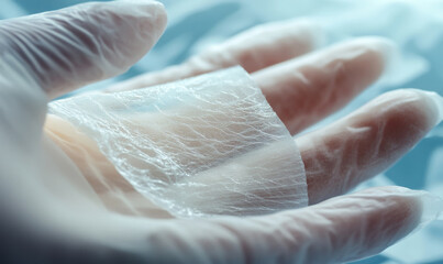 Detailed view of artificial skin held by a gloved hand in a medical laboratory, showcasing advancements in synthetic tissue technology.
