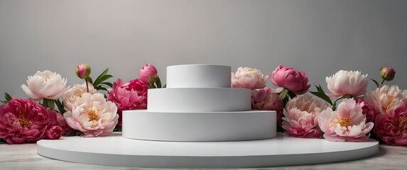 round white podium with pink peonies for product presentantion, brannding, panckanging.