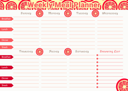 Weekly meal planner template with a grapefruit pattern and space for menu and shopping list