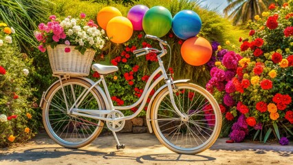 Fototapeta premium Vintage-style cruiser bicycle with whitewall tires and a curved handlebar parked on a sunny sidewalk amidst colorful beach balls and vibrant summer flowers.