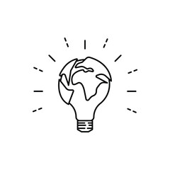lightbulb globe concept icon, world eco innovation creative idea, green energy on earth planet, global solution with electricity, logo unique, thin line simple