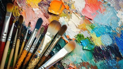 Fototapeta premium A vibrant array of paintbrushes lies among colorful paint strokes on a palette, showcasing the artistry involved in creative painting during daytime