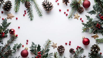 Christmas decorations on a white background with copy space