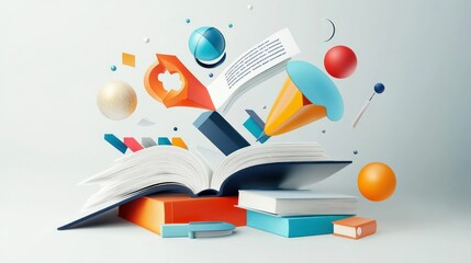 Open Book Surrounded by Colorful Geometric Shapes