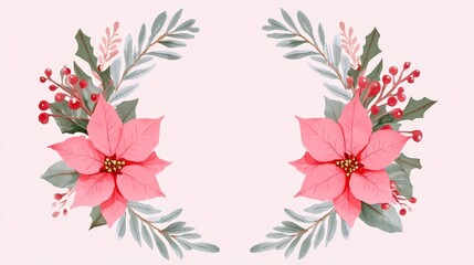 Hand-painted Christmas floral wreath, winter-themed round border, features vibrant poinsettia flowers and lush pine branches, ideal for holiday greeting cards.