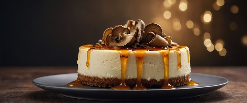 A creamy cheesecake infused with the earthy flavors of wild mushrooms and drizzled with honey.