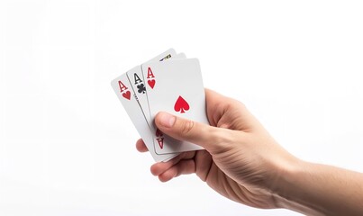 On a white background, there is a hand holding clubs and aces, Generative AI.