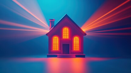 Illuminated House with Red Lights and Blue Background