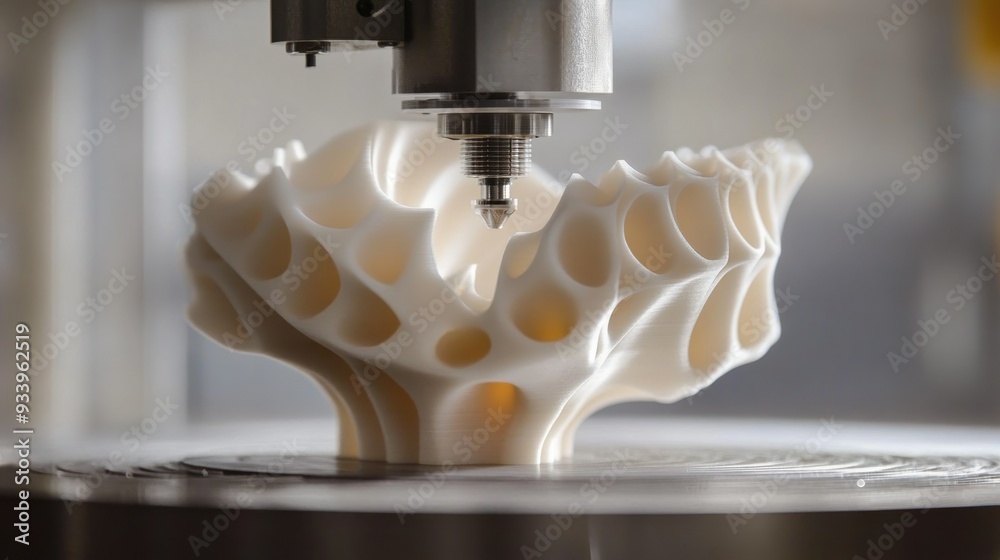 Poster 3D Printer Creating a White, Intricately Designed Object
