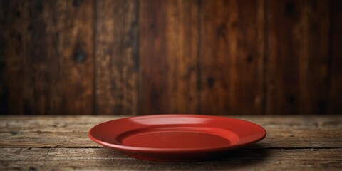View of a red plate on wood background with copy space image for design.