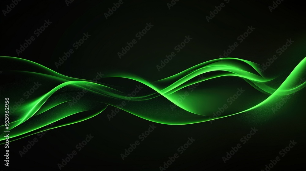 Poster Dynamic green wave patterns gracefully undulate across a dark background, creating a mesmerizing visual effect ideal for digital art and modern design projects