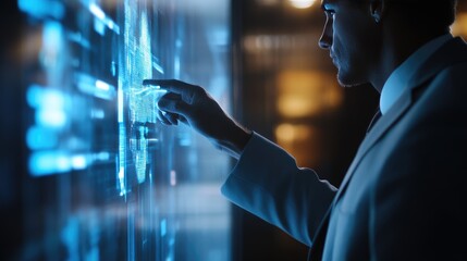 Future-Focused Businessman Engaging with Holographic Data