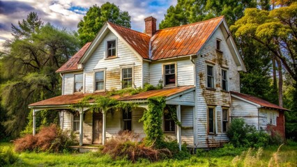 Vintage, worn, two-story residence with faded white siding, peeling paint, and rusty metal roof, surrounded by overgrown bushes and mature trees.