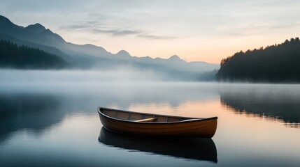 Rowboat Floating on Quiet Lake at Sunrise
