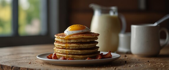 A stack of buckwheat flour pancakes served with a side of crispy bacon and eggs sunny side up.